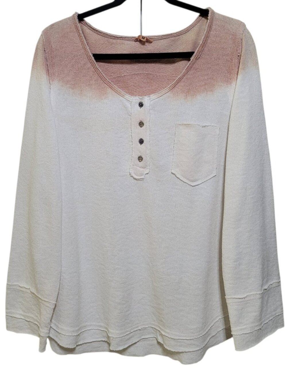 POL Dip Dye Distressed Henley Long Sleeve Knit Sweater Cream Mauve Medium Boho